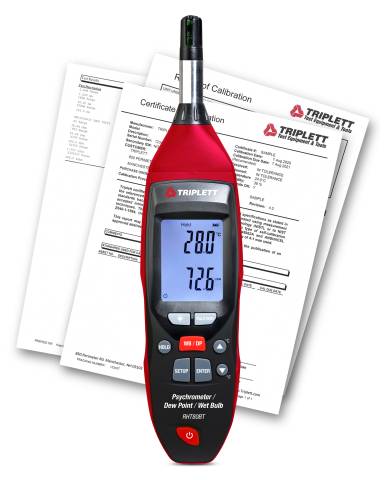 Triplett RHT80BT-NIST Psychrometer with Dew Point/Wet Bulb and Bluetooth includes Certificate of Traceability to NIST.